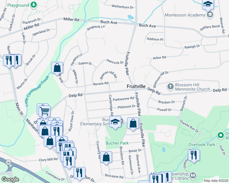 map of restaurants, bars, coffee shops, grocery stores, and more near 442 Delp Road in Lancaster