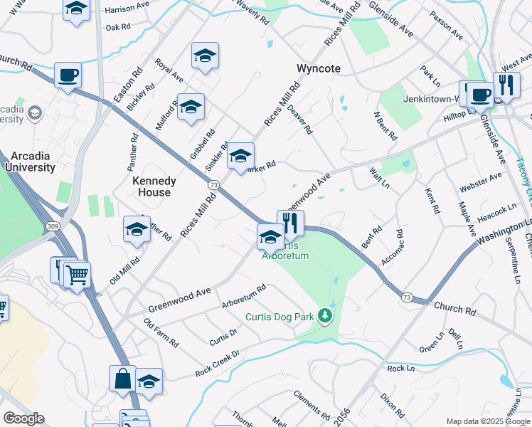 map of restaurants, bars, coffee shops, grocery stores, and more near 1311 Church Road in Wyncote