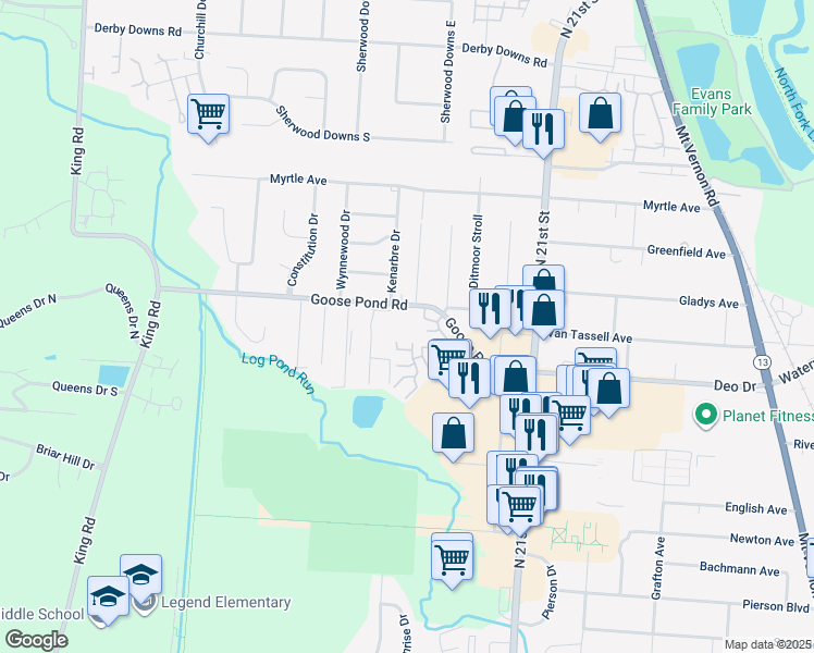 map of restaurants, bars, coffee shops, grocery stores, and more near 331 Goose Pond Road in Newark