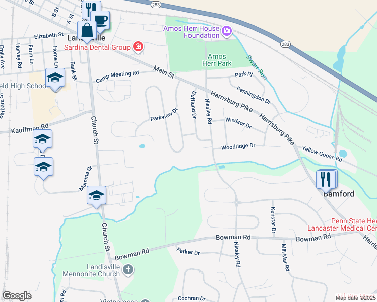 map of restaurants, bars, coffee shops, grocery stores, and more near 237 South Homestead Drive in Salunga-Landisville