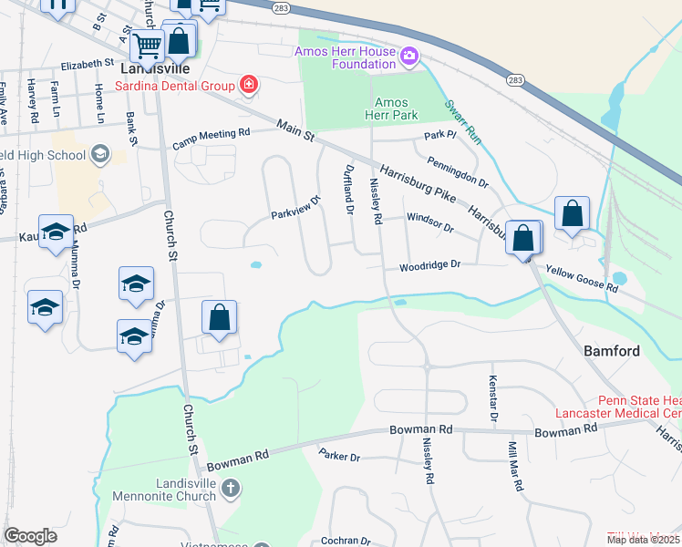 map of restaurants, bars, coffee shops, grocery stores, and more near 237 South Homestead Drive in Salunga-Landisville