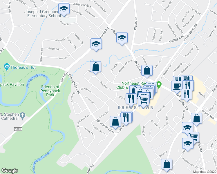 map of restaurants, bars, coffee shops, grocery stores, and more near 1107 Bingham Street in Philadelphia