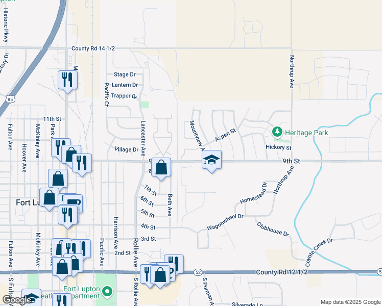 map of restaurants, bars, coffee shops, grocery stores, and more near 1001 Mountview Avenue in Fort Lupton
