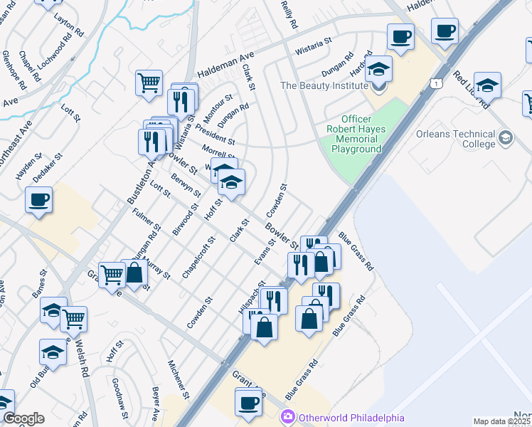 map of restaurants, bars, coffee shops, grocery stores, and more near 2102 Bowler Street in Philadelphia