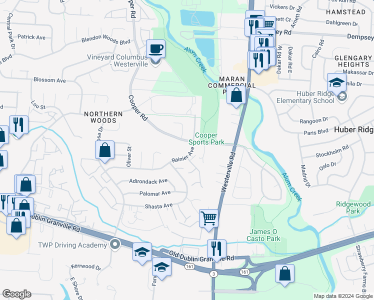 map of restaurants, bars, coffee shops, grocery stores, and more near 3249 Rainier Avenue in Columbus