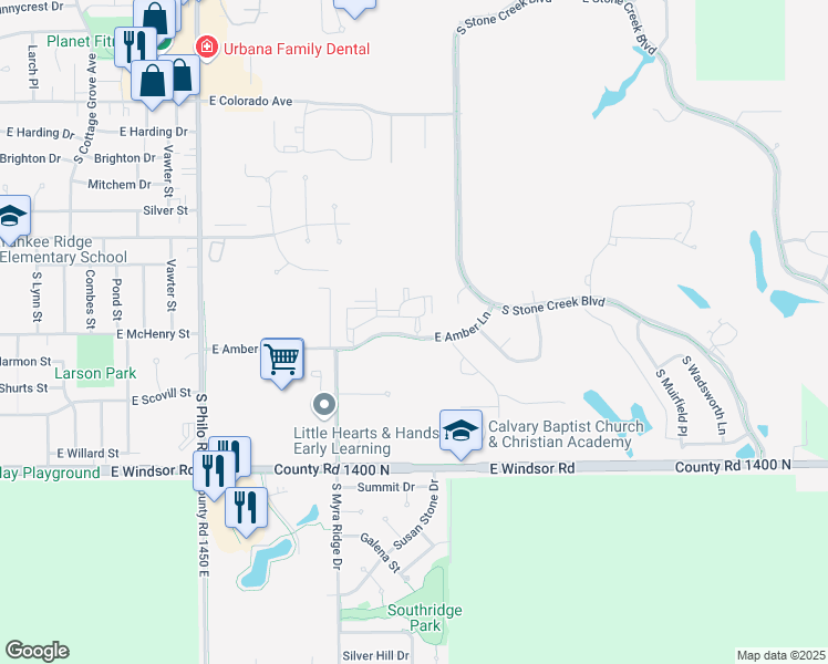 map of restaurants, bars, coffee shops, grocery stores, and more near 2007 East Amber Lane in Urbana