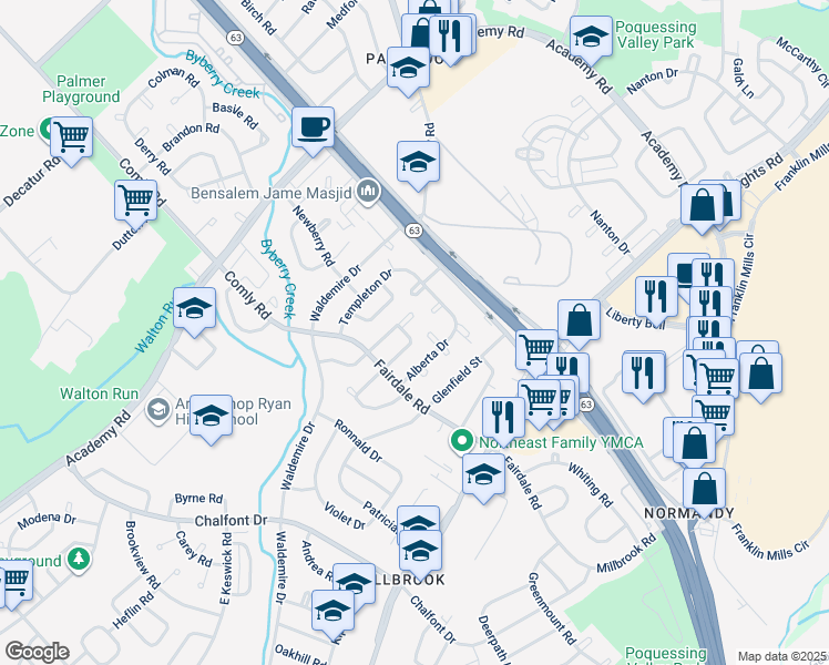 map of restaurants, bars, coffee shops, grocery stores, and more near 12047 Farwell Road in Philadelphia