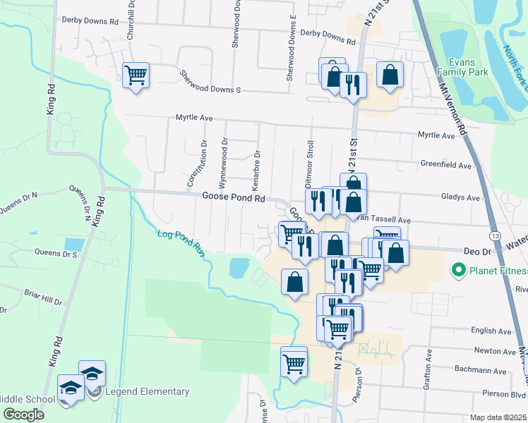 map of restaurants, bars, coffee shops, grocery stores, and more near 331 Goose Pond Road in Newark