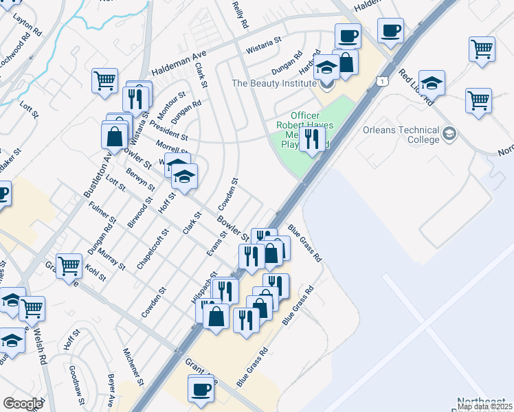 map of restaurants, bars, coffee shops, grocery stores, and more near 9786 Hilspach Street in Philadelphia