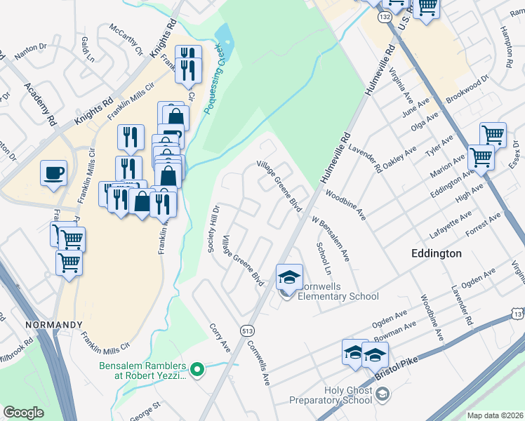 map of restaurants, bars, coffee shops, grocery stores, and more near 1432 Custom House Square in Bensalem