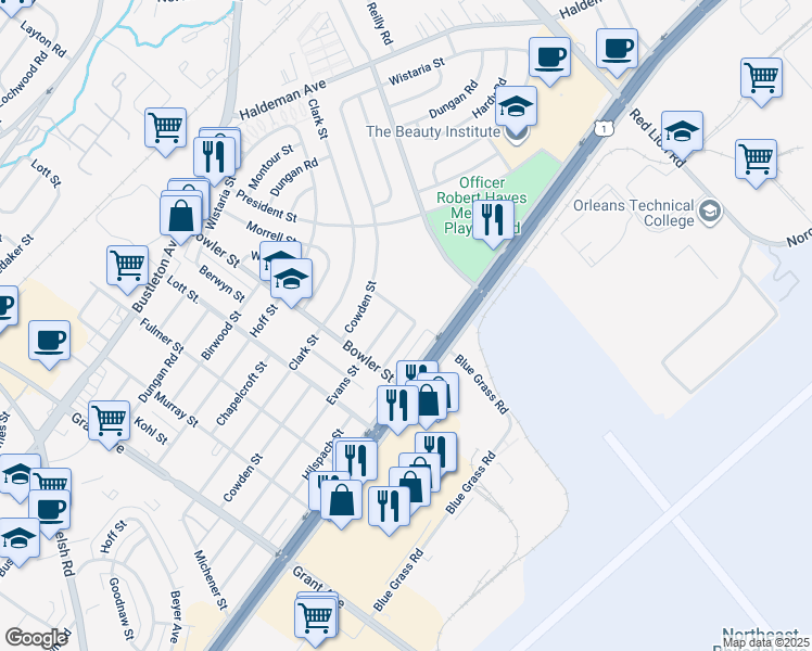 map of restaurants, bars, coffee shops, grocery stores, and more near 9786 Hilspach Street in Philadelphia