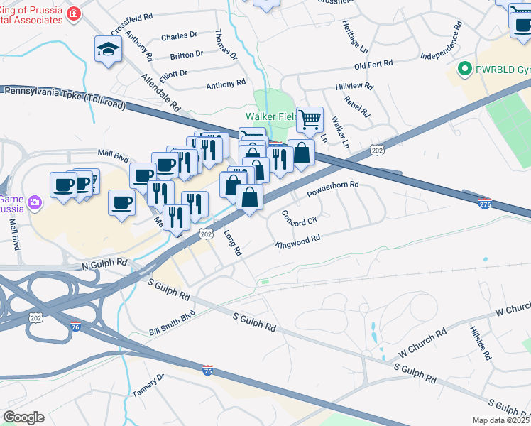 map of restaurants, bars, coffee shops, grocery stores, and more near 576 Powderhorn Road in King of Prussia