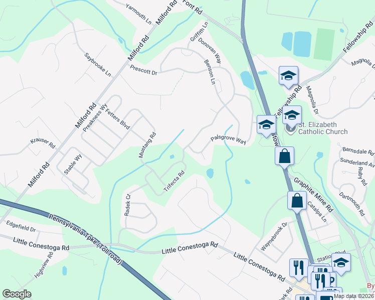 map of restaurants, bars, coffee shops, grocery stores, and more near 100 Palsgrove Way in Chester Springs