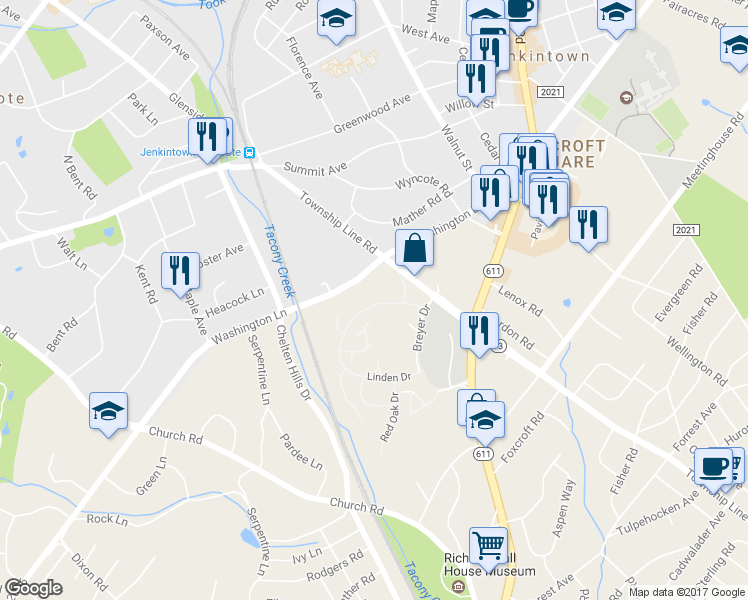 map of restaurants, bars, coffee shops, grocery stores, and more near 185 Linden Drive in Elkins Park