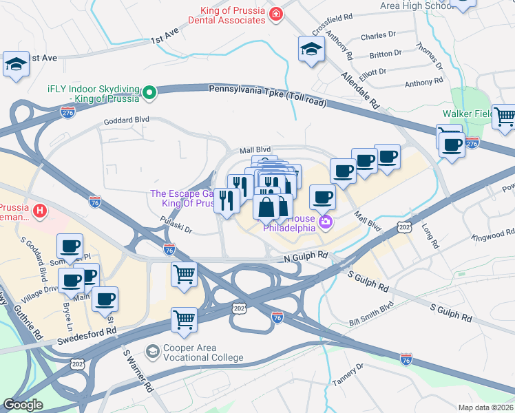 map of restaurants, bars, coffee shops, grocery stores, and more near 160 North Gulph Road in King of Prussia