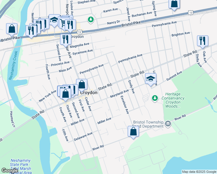 map of restaurants, bars, coffee shops, grocery stores, and more near 1114 State Road in Croydon
