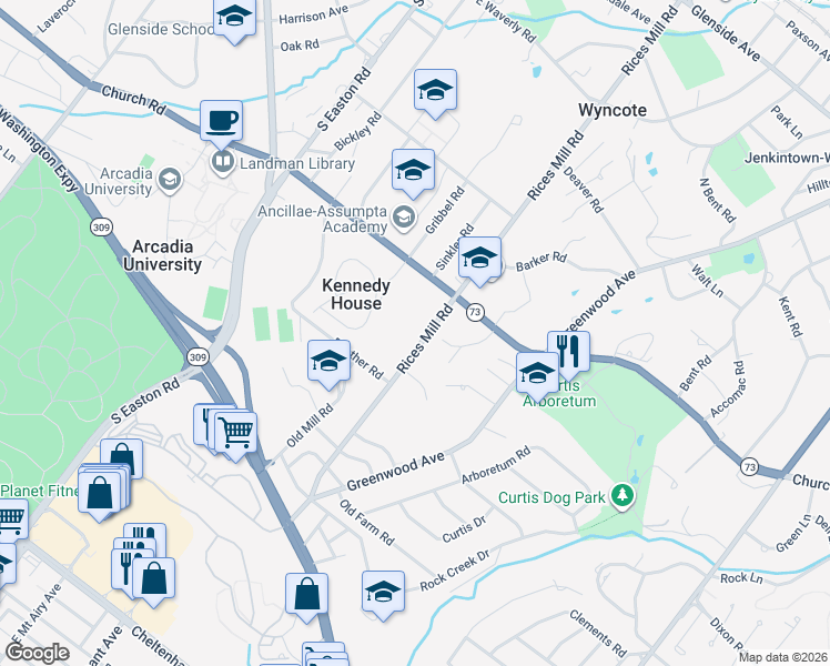 map of restaurants, bars, coffee shops, grocery stores, and more near 415 Rices Mill Road in Wyncote