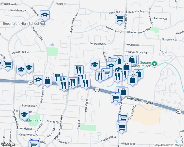map of restaurants, bars, coffee shops, grocery stores, and more near 5872 Spring Run Drive in Columbus