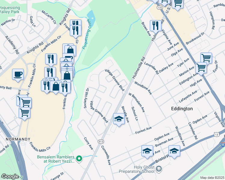 map of restaurants, bars, coffee shops, grocery stores, and more near 2446 New Market Square South in Bensalem