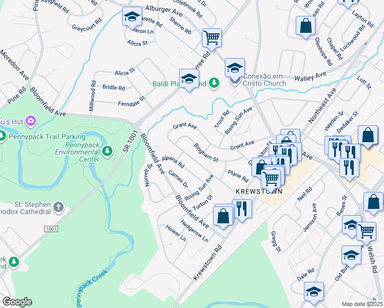 map of restaurants, bars, coffee shops, grocery stores, and more near 1033 Surrey Road in Philadelphia
