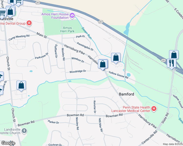 map of restaurants, bars, coffee shops, grocery stores, and more near 3020 Woodridge Drive in Landisville