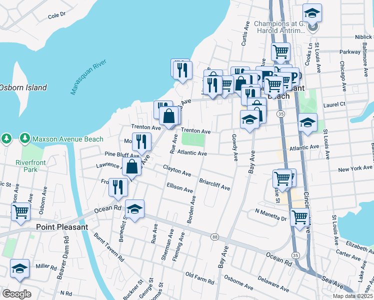 map of restaurants, bars, coffee shops, grocery stores, and more near 915 Atlantic Avenue in Point Pleasant