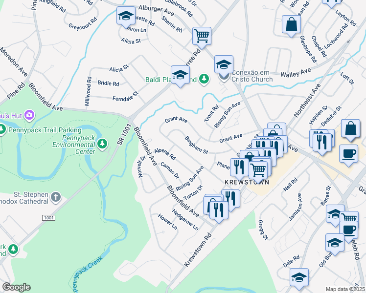 map of restaurants, bars, coffee shops, grocery stores, and more near 1033 Surrey Road in Philadelphia