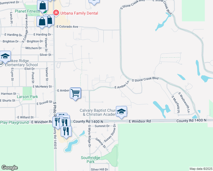 map of restaurants, bars, coffee shops, grocery stores, and more near 2007 East Amber Lane in Urbana