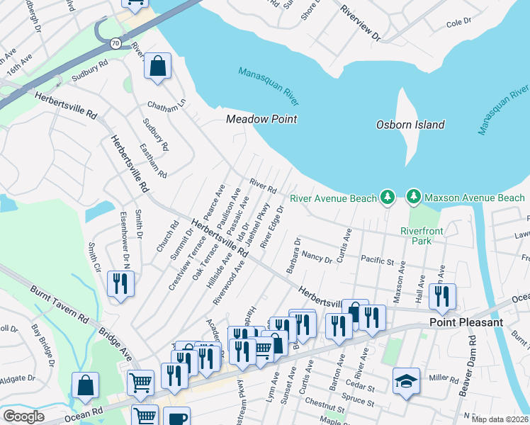 map of restaurants, bars, coffee shops, grocery stores, and more near 218 Jaehnel Parkway in Point Pleasant
