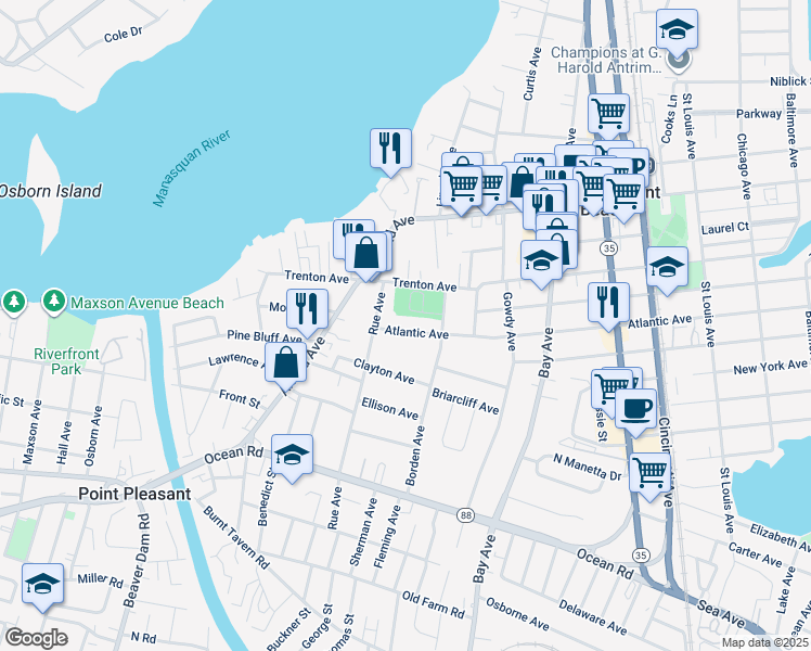 map of restaurants, bars, coffee shops, grocery stores, and more near 915 Atlantic Avenue in Point Pleasant
