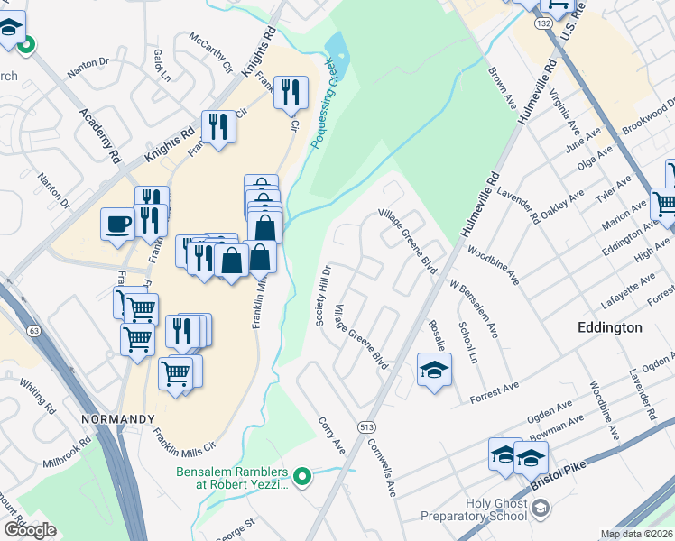 map of restaurants, bars, coffee shops, grocery stores, and more near 1484 Village Greene Boulevard in Bensalem