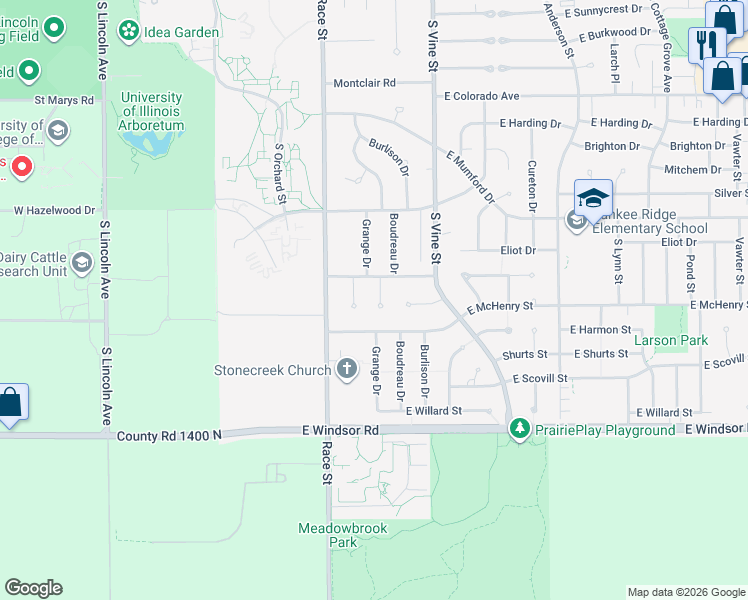 map of restaurants, bars, coffee shops, grocery stores, and more near 2205 Boudreau Circle in Urbana