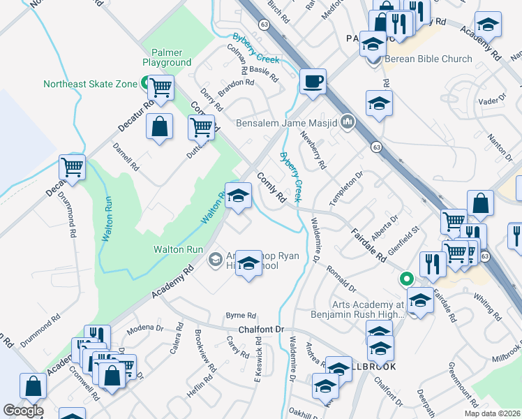 map of restaurants, bars, coffee shops, grocery stores, and more near 11635 Academy Road in Philadelphia