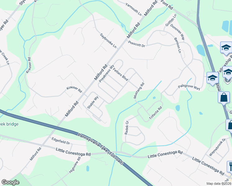 map of restaurants, bars, coffee shops, grocery stores, and more near 301-399 Milford Road in Downingtown