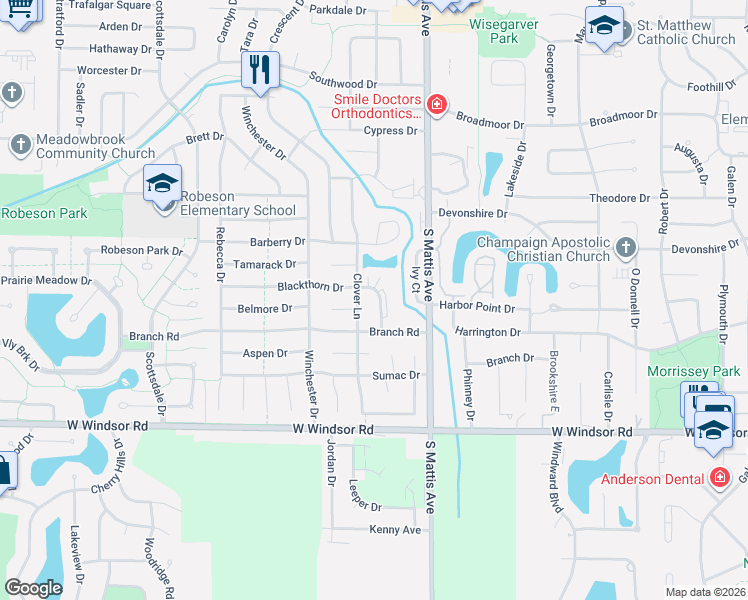 map of restaurants, bars, coffee shops, grocery stores, and more near 2101 Belmore Court in Champaign