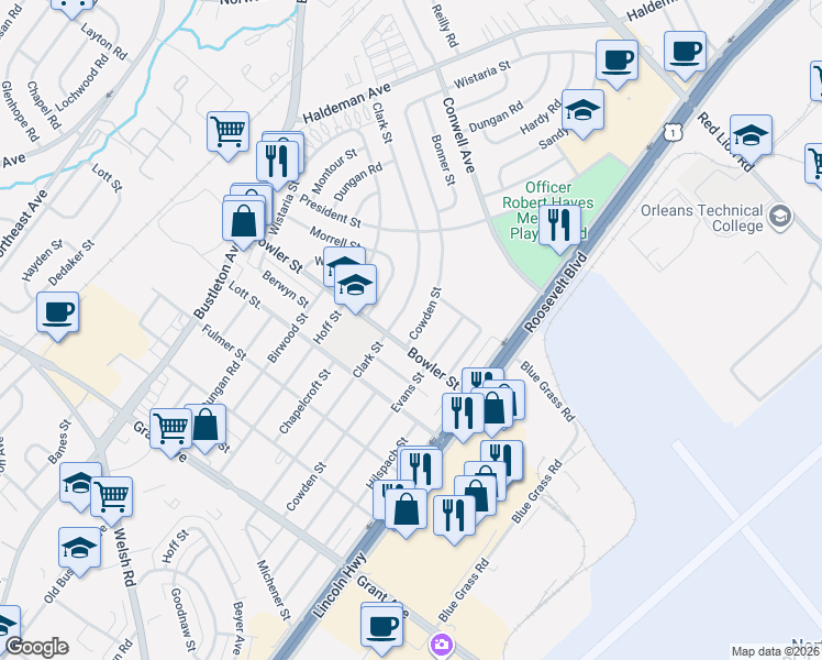 map of restaurants, bars, coffee shops, grocery stores, and more near 9732 Evans Street in Philadelphia