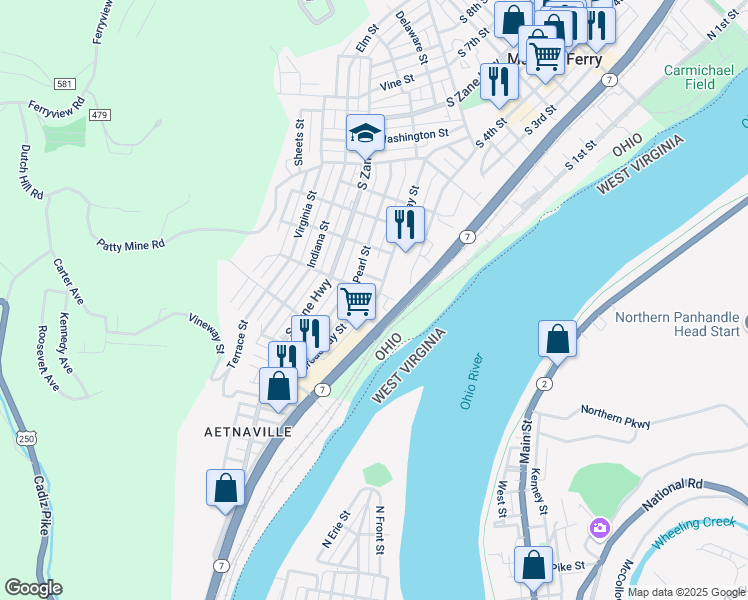 map of restaurants, bars, coffee shops, grocery stores, and more near 1100-1104 Broadway Street in Martins Ferry