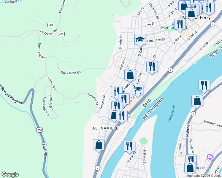 map of restaurants, bars, coffee shops, grocery stores, and more near 1210 Virginia Street in Martins Ferry