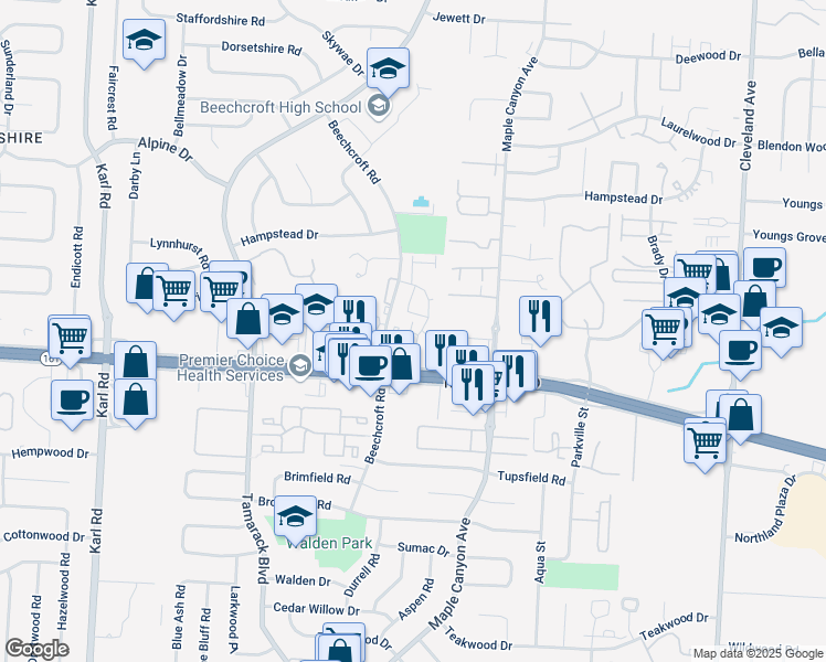 map of restaurants, bars, coffee shops, grocery stores, and more near 5765 Avenue Chateau Du Nord in Columbus