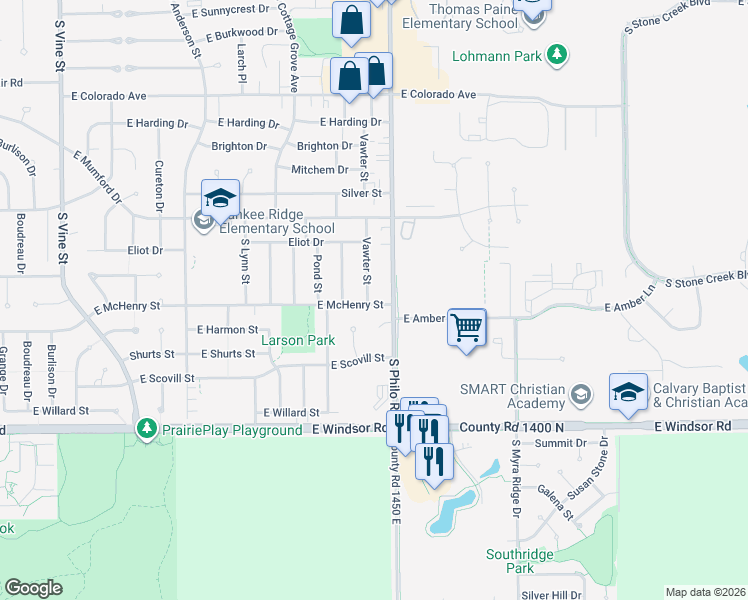 map of restaurants, bars, coffee shops, grocery stores, and more near 1405 East McHenry Street in Urbana