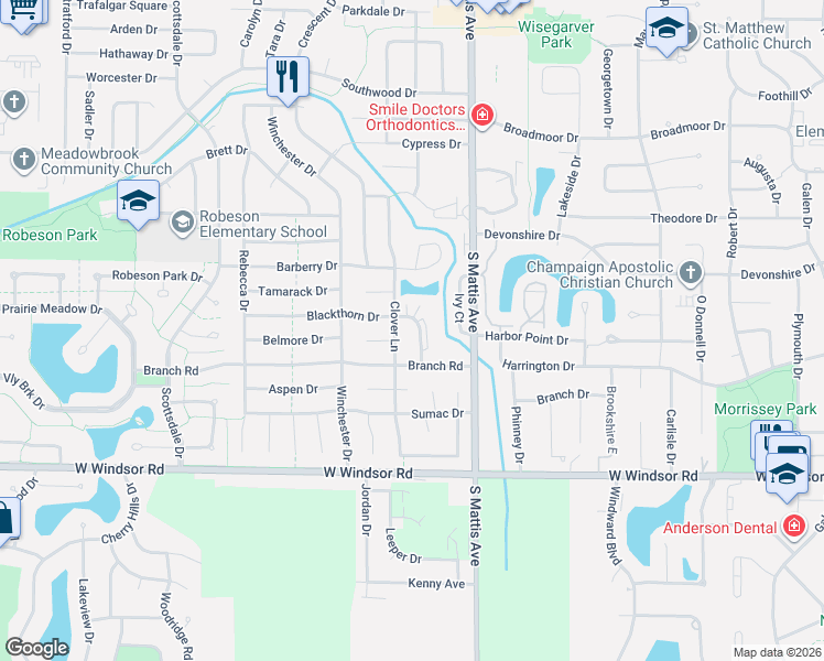 map of restaurants, bars, coffee shops, grocery stores, and more near 2101 Belmore Court in Champaign