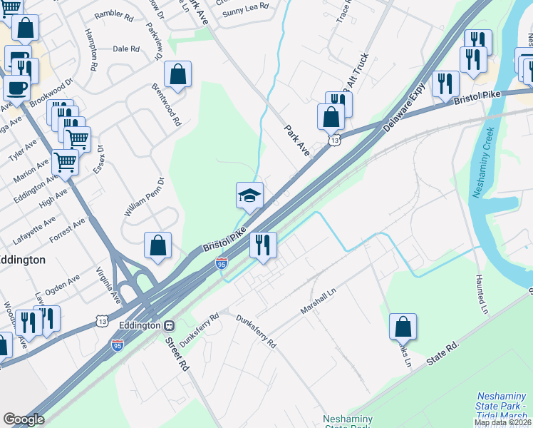 map of restaurants, bars, coffee shops, grocery stores, and more near 3353 Bristol Pike in Bensalem