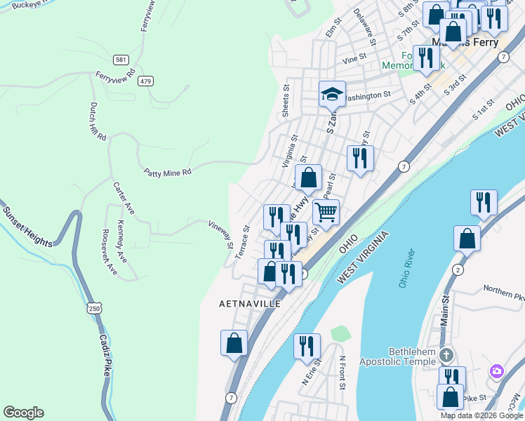 map of restaurants, bars, coffee shops, grocery stores, and more near 1202 Virginia Street in Martins Ferry