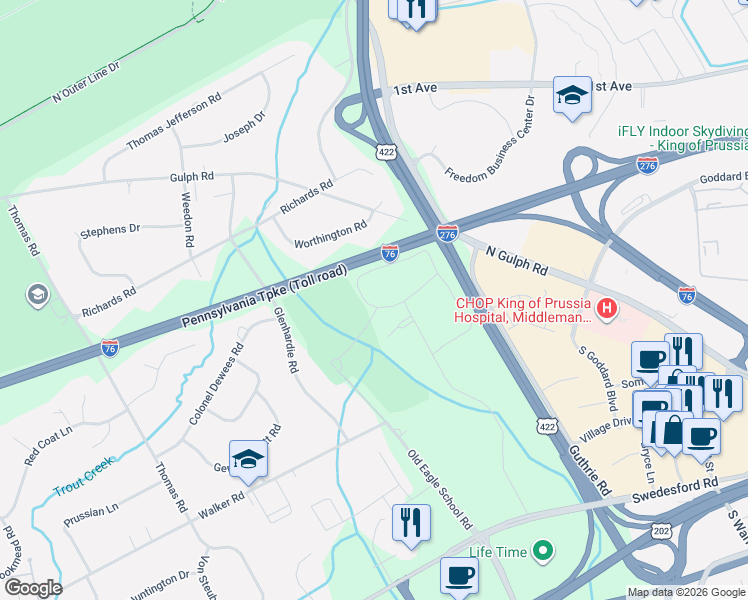 map of restaurants, bars, coffee shops, grocery stores, and more near 286 Drummers Lane in Wayne