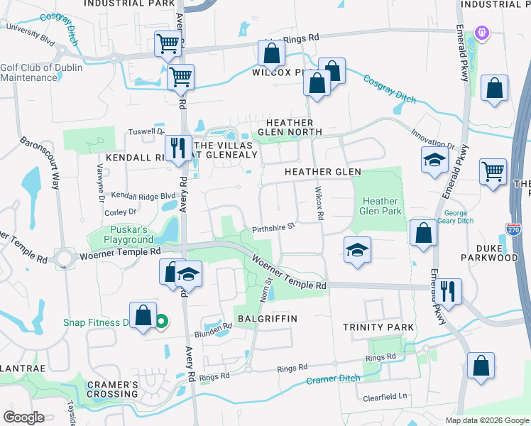 map of restaurants, bars, coffee shops, grocery stores, and more near 6131 Northcliff Boulevard in Dublin