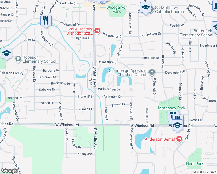 map of restaurants, bars, coffee shops, grocery stores, and more near 2122 Harbor Town Circle in Champaign