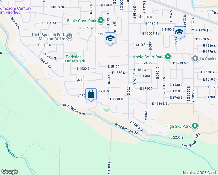 map of restaurants, bars, coffee shops, grocery stores, and more near 1336 East 1670 South in Spanish Fork