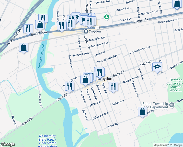 map of restaurants, bars, coffee shops, grocery stores, and more near 712 1st Avenue in Croydon