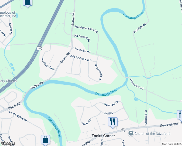 map of restaurants, bars, coffee shops, grocery stores, and more near 1318 Beaconfield Lane in Lancaster