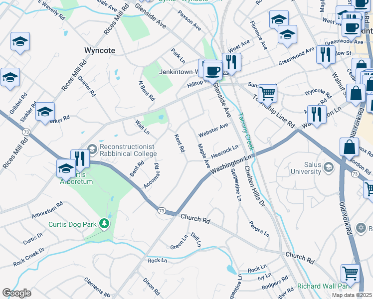 map of restaurants, bars, coffee shops, grocery stores, and more near 207 Kent Road in Wyncote